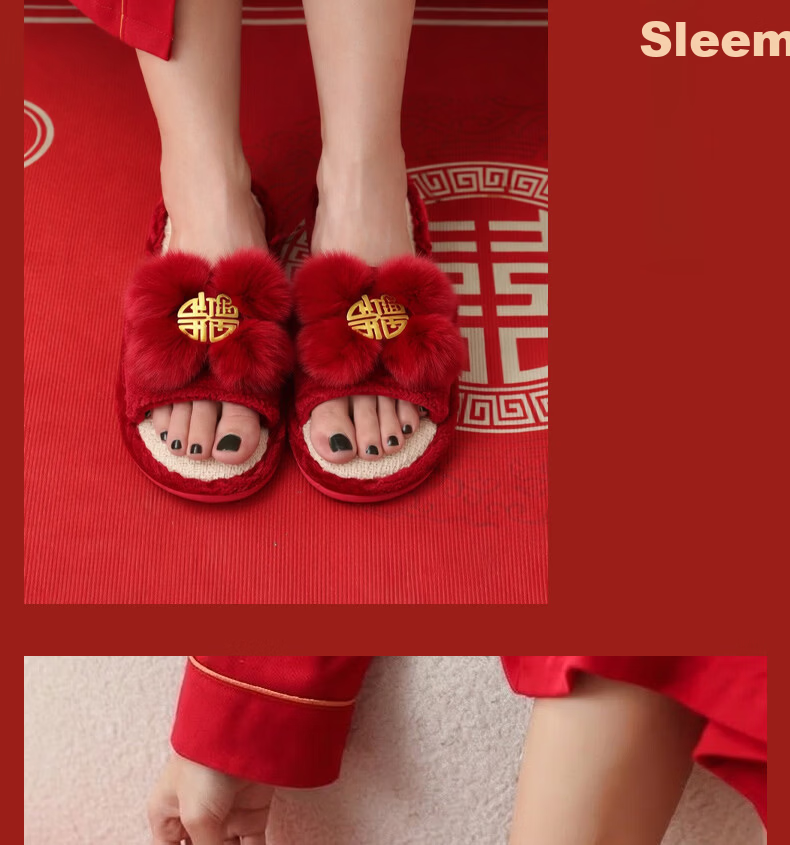 FOOTOPPO Couples Wedding Linen Red Slippers New Bridal Red Shoes Women's Summer Bright Red Pure Linen Soft Sole Slippers Men 15
