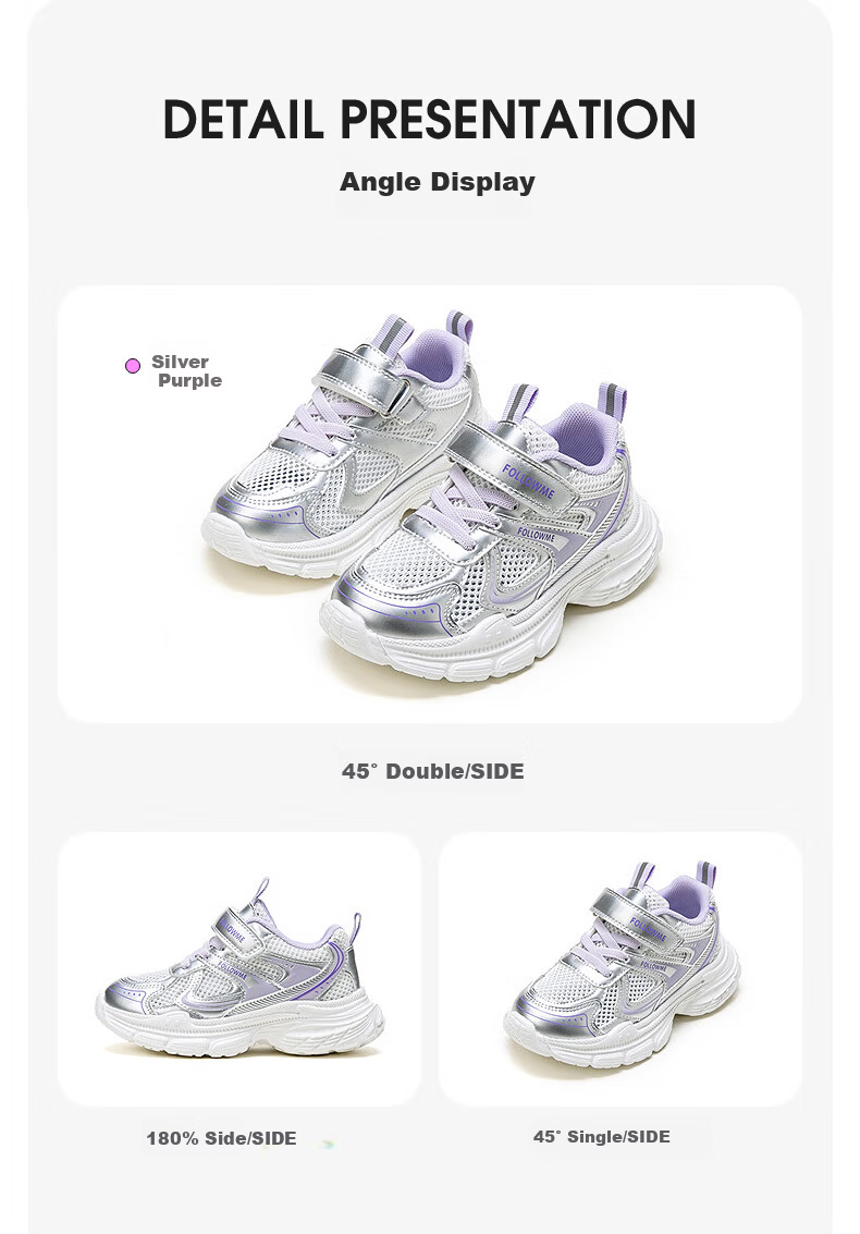Follow Me Girls' Sports Shoes, Summer Mesh Breathable Casual Shoes, Children's School Non-Slip Running Shoes, Silver Purple, Size 34 7