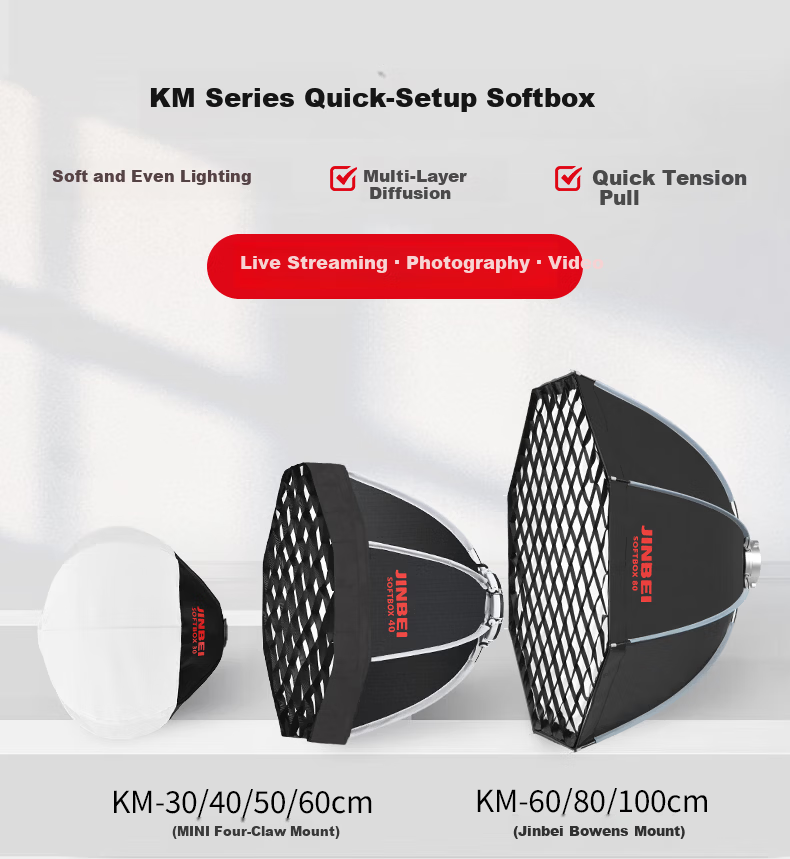 Jinbei KM Grid Softbox Deep Octagonal Spherical Foldable Portable On-Camera Light Video Live Soft Light Cover MINI Four-Claw KM-50CM Quick-Release Octagonal Grid Softbox 1