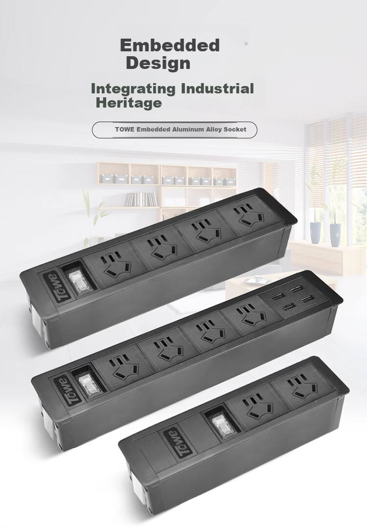 TOWE Embedded Desktop Power Strip Overload Protection Socket Furniture Island Desk Office Aluminum Alloy Extension Cord 2 Outlets 10A Master Control 2m Cable APZ-1012Q 2