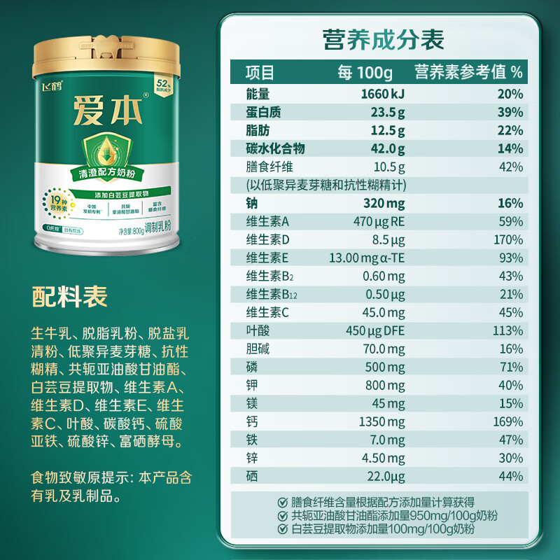 飞鹤1962爱本清澄牛奶粉800g0蔗糖中老年维生素成人奶粉送父母