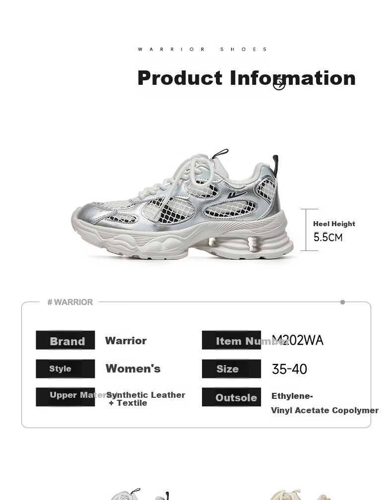 Warrior Official Women's Shoes 2026 Spring Thick Sole Dad Sneakers Women's Height Increasing Sports Casual Shoes Silver White Black Size 35 5