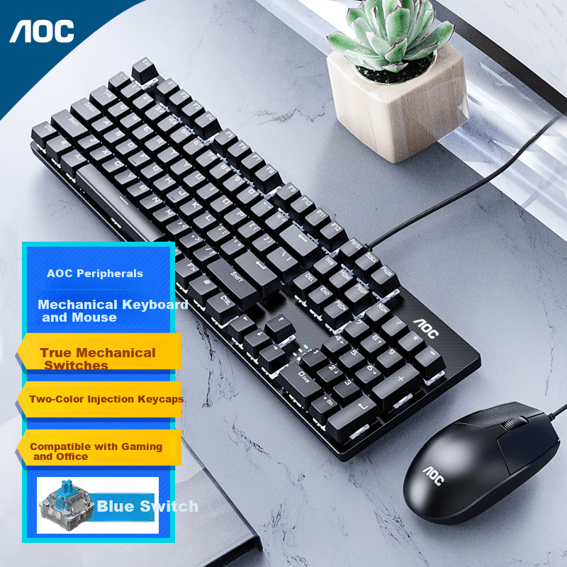 AOC GKM410 Mechanical Keyboard and Mouse Combo Wired Gaming Office Full-Size Black Blue Switch