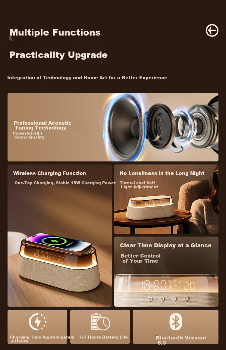 Kuangxiang Bluetooth Speaker Wireless Phone Charging Desktop Bedside Alarm Clock Outdoor Portable Computer Ambient Night Light Speaker Birthday Gift for Girlfriend and Boyfriend 2