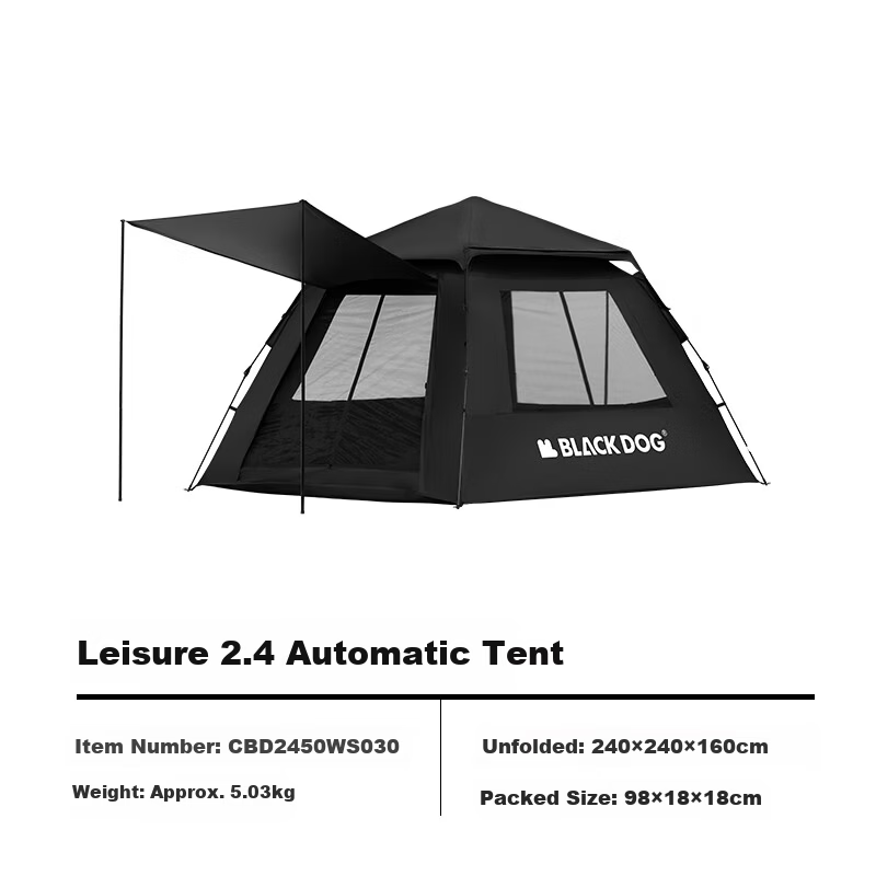 Black Dog Fully Automatic Large Outdoor Camping Tent Quick Setup Park Tent Black Coating Two Doors Two Windows