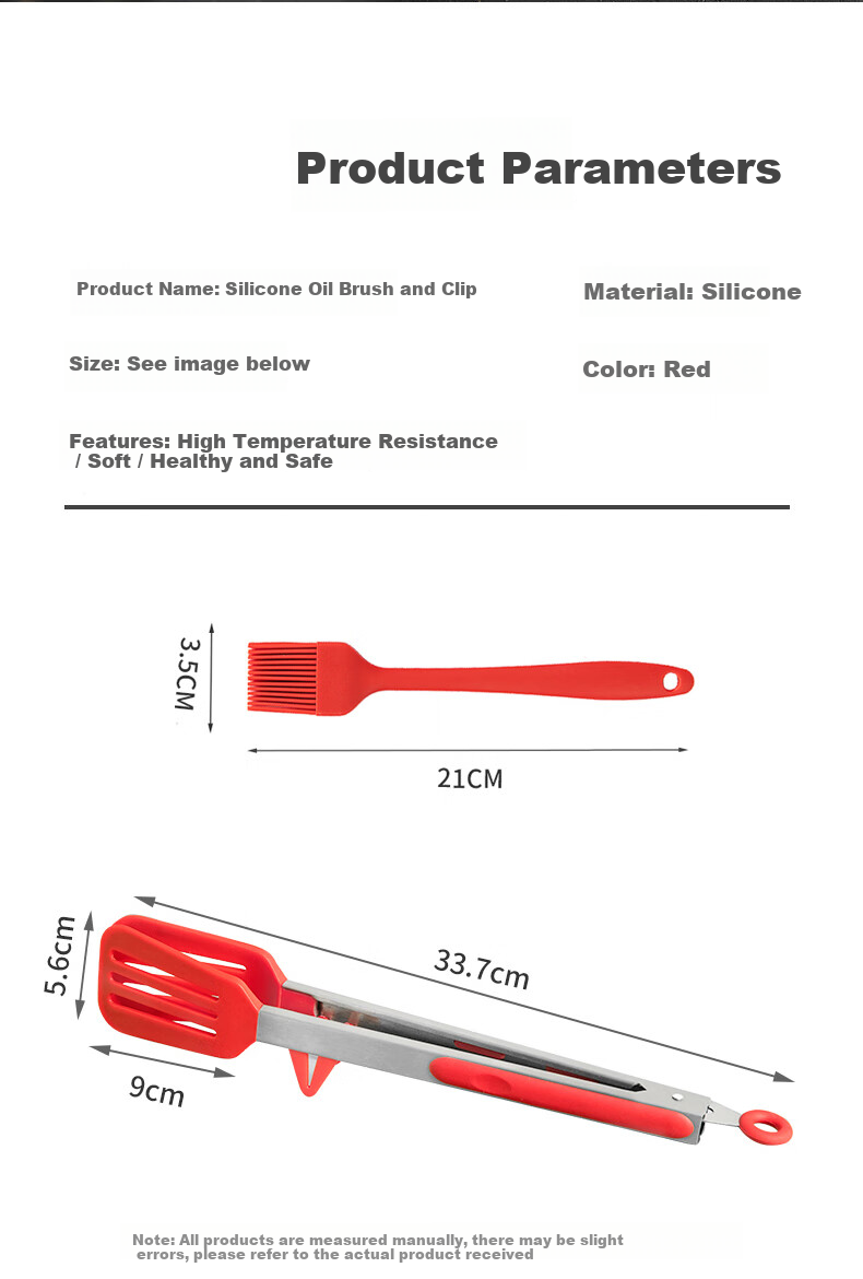 Temeiju 304 Stainless Steel Food Tongs and Silicone Oil Brush 2-Piece Set Steak Tongs BBQ Bread Clip Kitchen Baking Clips 8