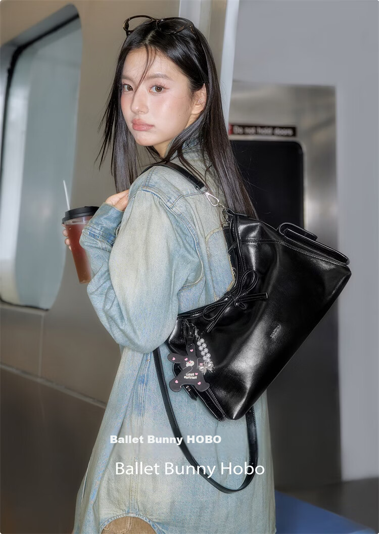 ONETIME Sweet Cool Time Ballet Bunny Hobo Bag New Sweet Cool Shoulder Crossbody Tote Bag Gift for Girlfriend Black 2