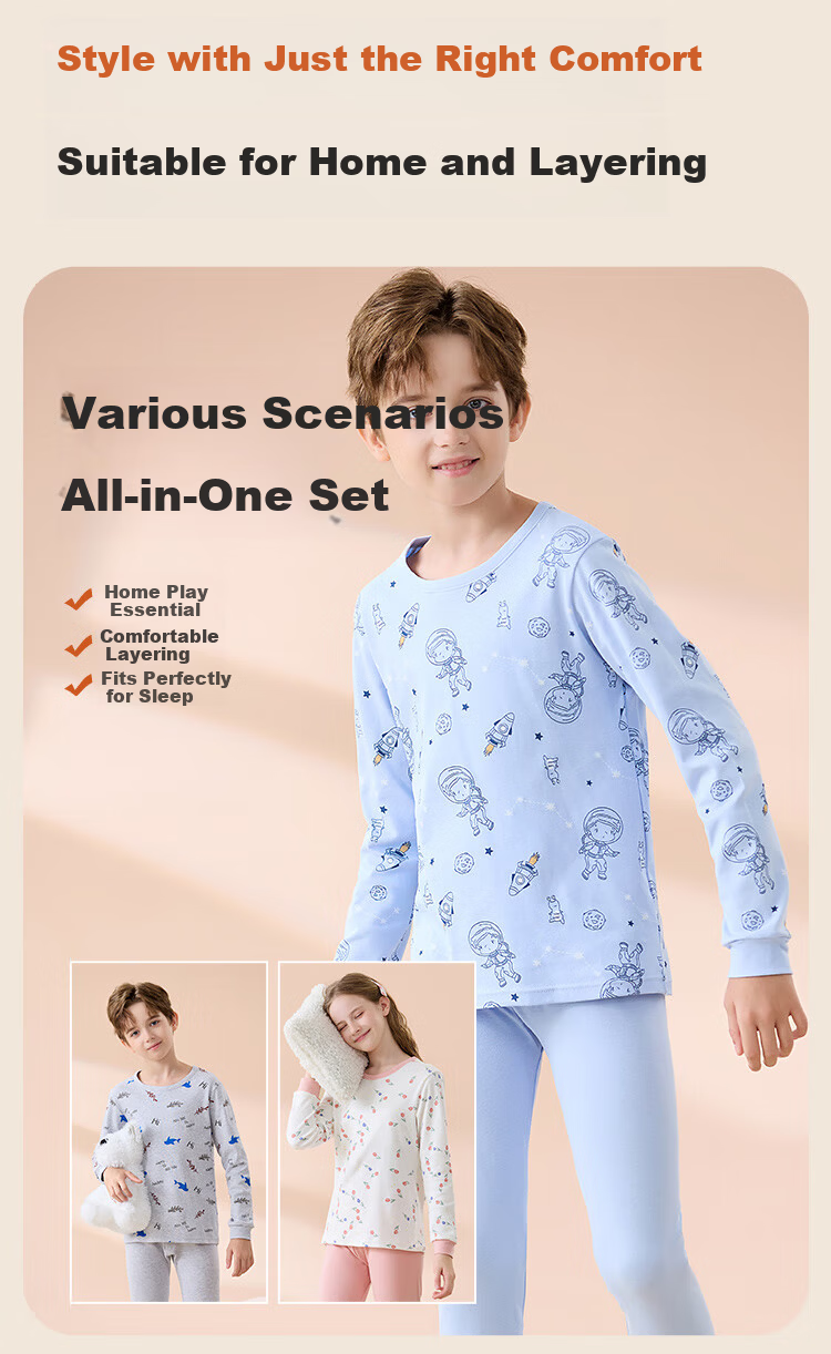 Hodo Children's Thermal Underwear Pure Cotton Girls Comfortable Soft Skin-friendly Antibacterial Mite-proof Long Sleeve Crew Neck Autumn Top and Bottom Set 11