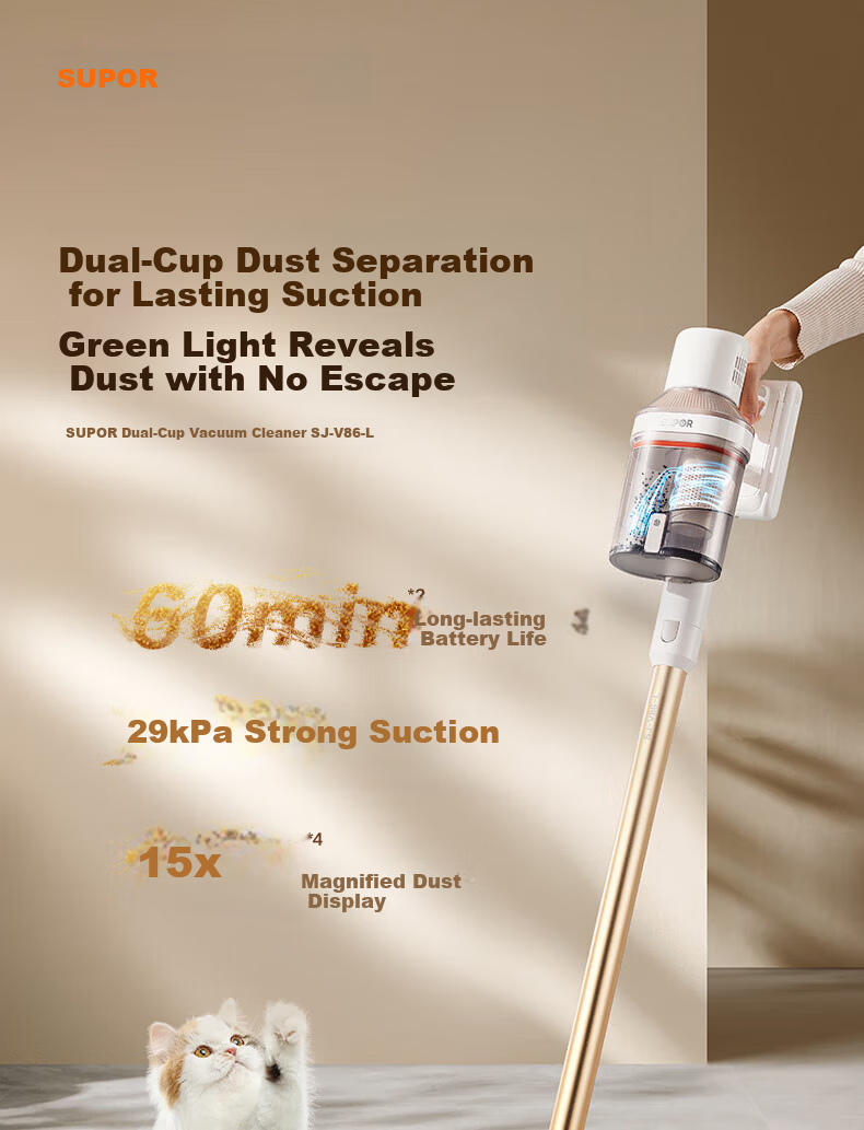 SUPOR Vacuum Cleaner [Dust Removal Tool] Home Wireless Handheld High Suction Wide Angle Green Light Dust Detection Car Vacuum Strong Suction Pet Hair Vacuum Cleaner [Anti-Tangle] V86 3