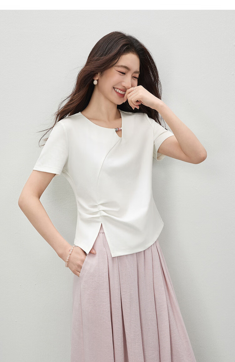 Shangdu Bila Cool Feeling Lyocell Cotton Women's T-Shirt Spring Summer Hollow Beaded Round Neck Elegant Top Curved Split Pleats Women's Wear 16