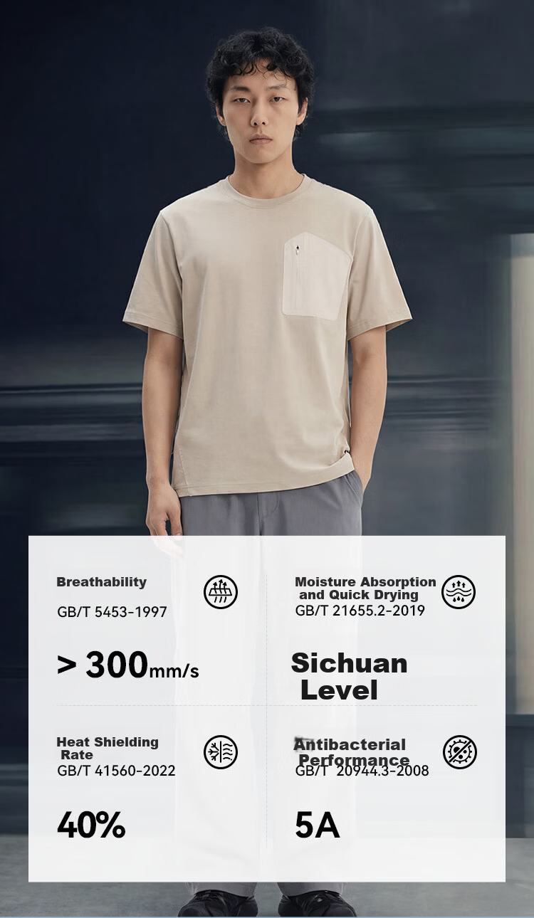 JD Jingzao Men's Cotton Feel Round Neck Pocket T-Shirt Summer New Outdoor High-End Short Sleeve Black M 3