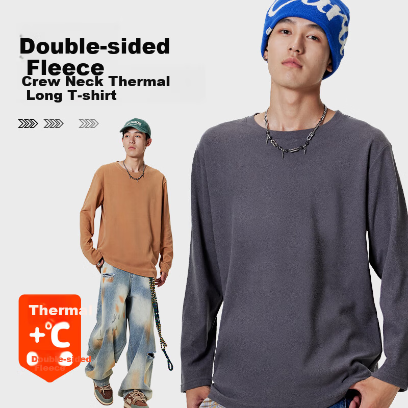 Warrior Double-Sided Fleece Long Sleeve T-Shirt Men Autumn Winter Skin-Friendly Thickened Solid Color Versatile Crew Neck Pullover