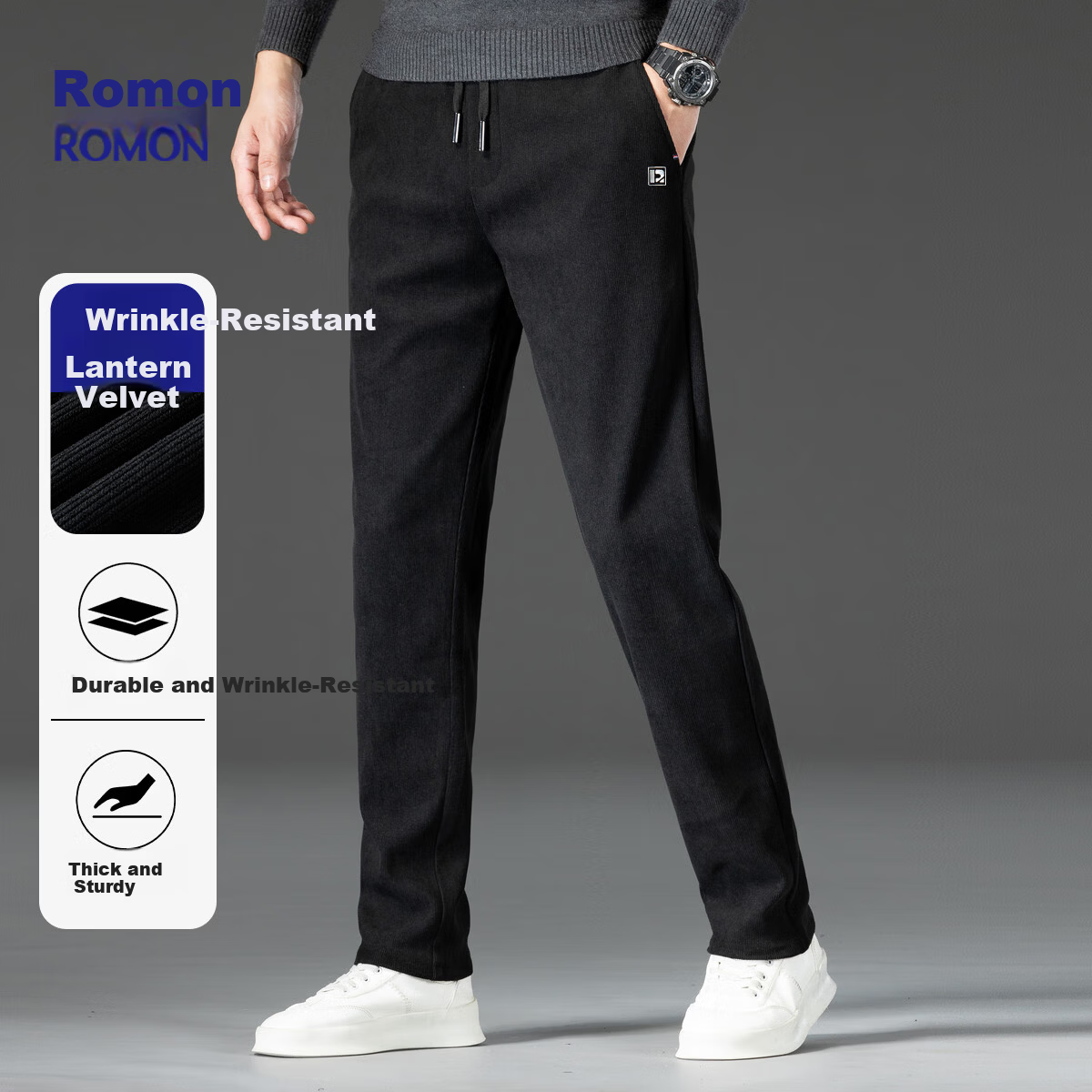 ROMON Men's Casual Corduroy Pants Autumn Business Commuting Straight Leg Trousers Black XL ZH502