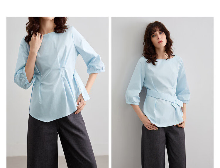 Demana Pure Cotton Breathable Summer Artistic Fresh Round Neck Slim Waist Shirt Women's Top 7