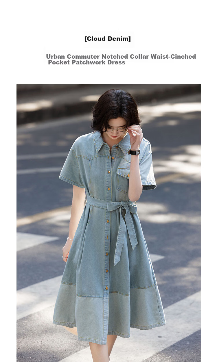 Demana [Cloud Cotton] Summer Urban Commuter Lapel Waist-Pocket Spliced Slim Denim Dress for Women Premium Feel 3