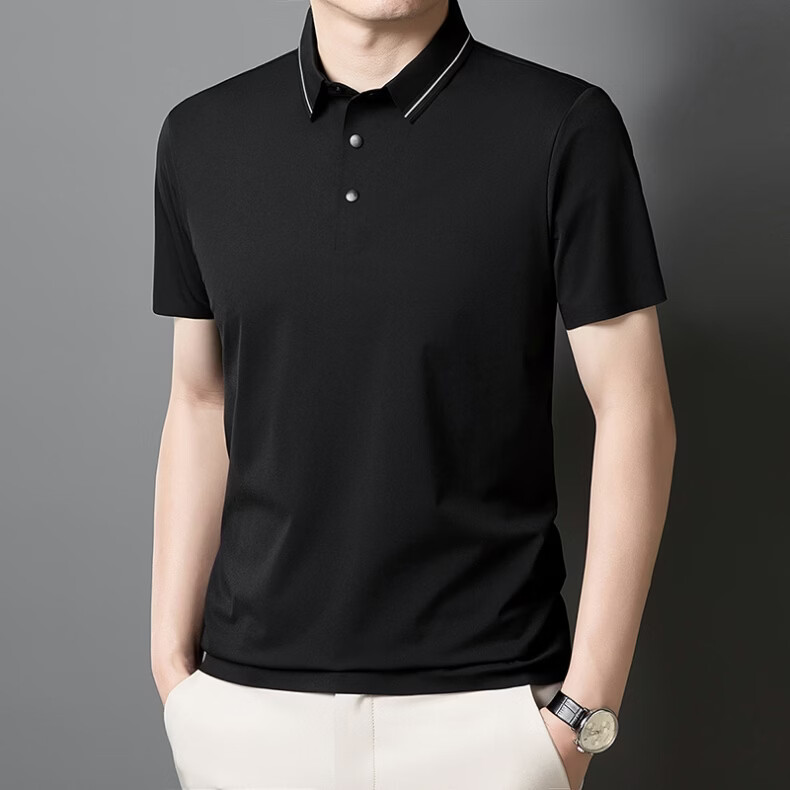 ROMON Men's Polo Shirt Short Sleeve T-Shirt Summer Ice Silk Thin Breathable Business Cool Top Piano Black 3XL 14