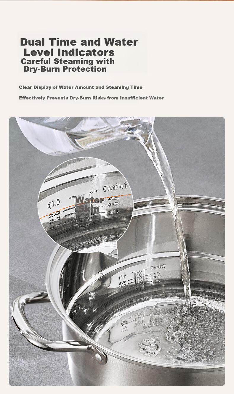 Joyoung 28cm Stainless Steel 304 Double-Layer Steamer Pot with High Dome Lid, Large Capacity, Stove Compatible for Home Steaming, Cooking, and Soup Making 9