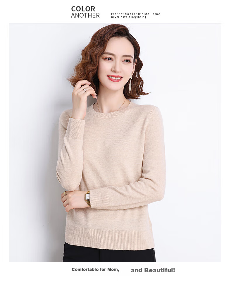 Hengyuanxiang 100% Pure Wool Women's Sweater Autumn Winter Crew Neck Casual Elegant Knit Warm Base Shirt Top 15