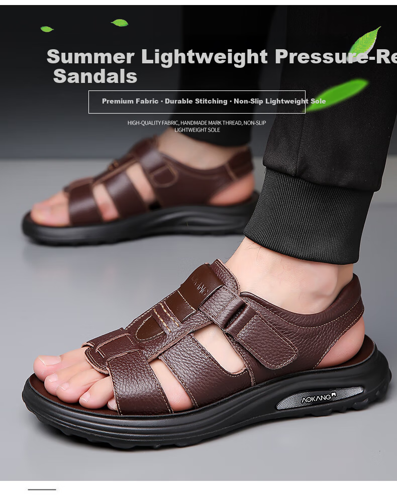 Aokang First Layer Cowhide Men's Sandals Beach Shoes Cowhide Trendy Middle-aged and Elderly Dad Leather Sandals Black 41 3