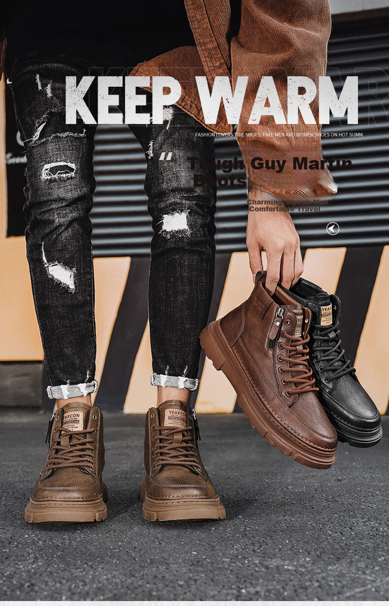 Eierkang Men's Cotton Shoes British Style Martin Boots Casual High-top Sneakers Retro Fashion Work Boots Trendy Thick-soled Shoes for Men 1