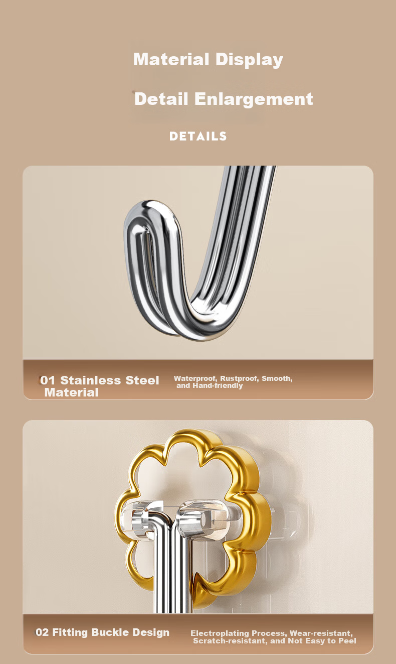 Baicaoyuan Strong Adhesive Hook Stainless Steel No-Drill Heavy Duty Transparent Wall-Mounted Hook for Dormitory Kitchen Bathroom 10