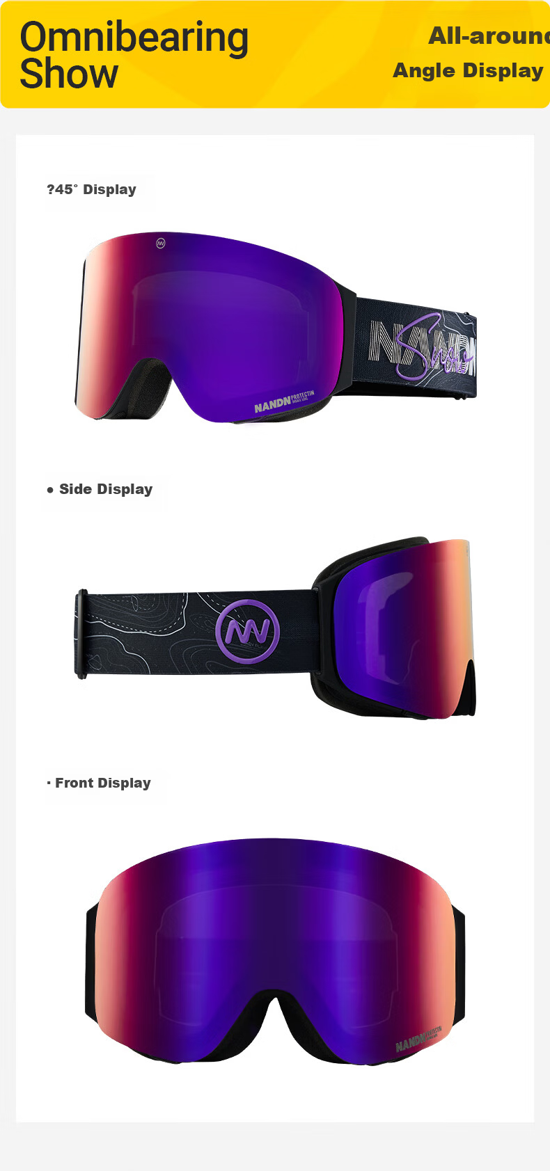 Nan En Ski Goggles Protective Eyewear Women Snowboard Glasses Breathable HD Anti-Fog Flip-Up Men Black Frame Purple 12