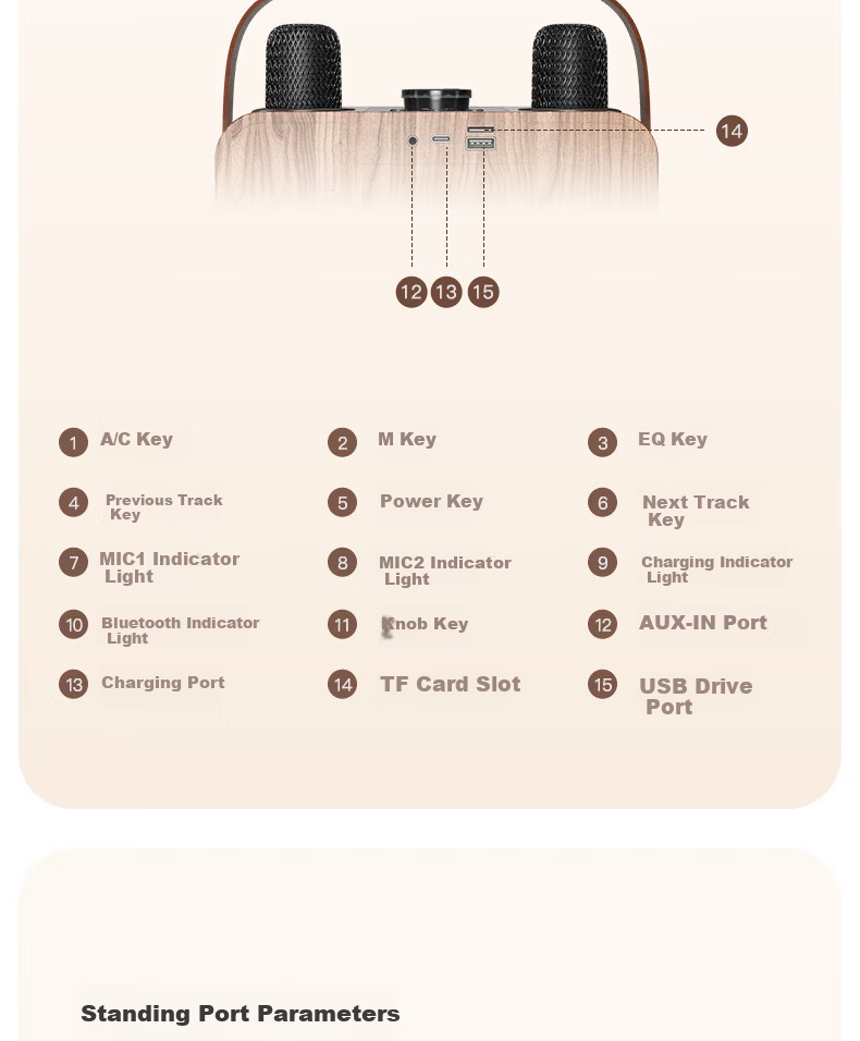 IKF M1 Wireless Karaoke Microphone Speaker All-in-One Home KTV Outdoor Bluetooth Speaker Wood Grain Brown 22