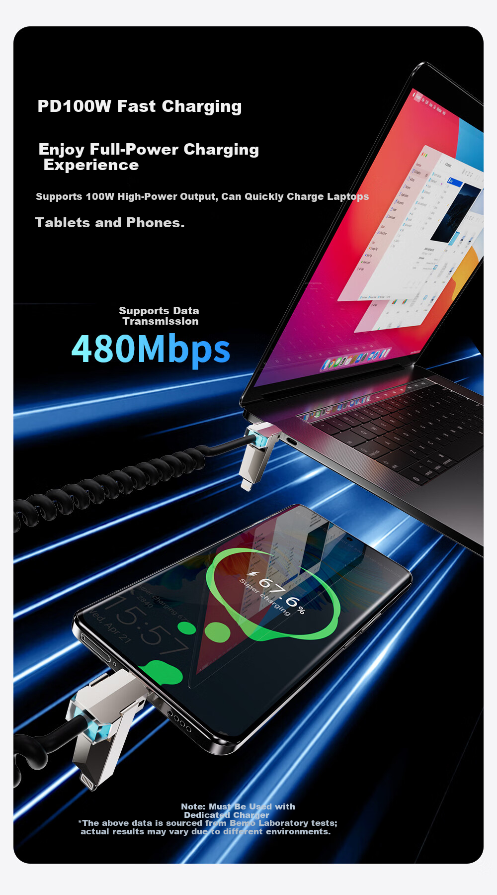 Beimo, Suitable for Tesla Car-Specific Charging Cable, Type-C Four-In Spring Retractable Data Cable, 240W Power Fast Charging, IPhone18/17promax, Huawei/Xiaomi 4