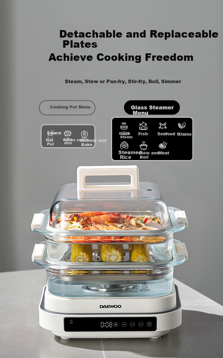 DAEWOO Wanshi Electric Steamer Thickened High Borosilicate Glass Multifunctional Stew Steam Cook 3-in-1 Steam Pot Grill Hot Pot Stainless Steel S31 Red 4