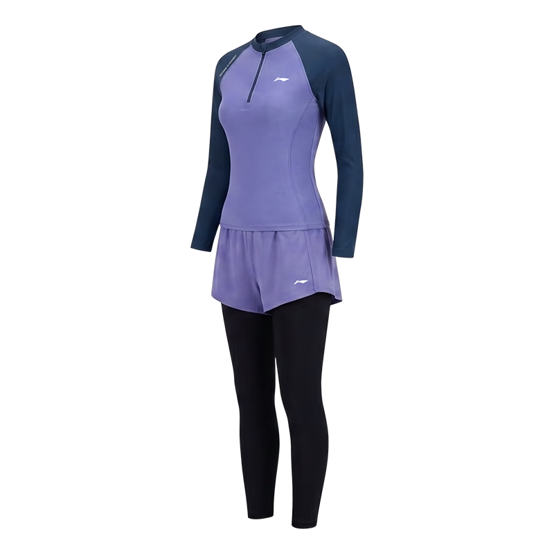 LI-NING Women's Two-Piece Long Sleeve Long Pants Swimsuit Diving Surfing Suit Hot Spring Gear Sun Protection Swimwear 1562 Purple 2XL