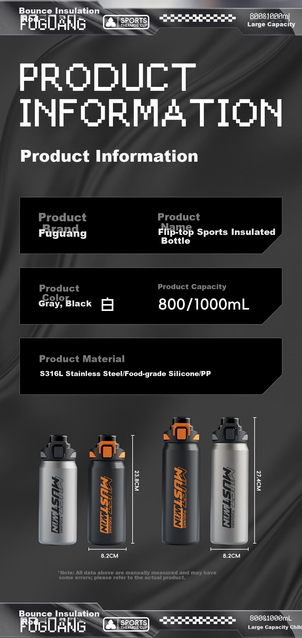 Fuguang Insulated Water Bottle Men's Large Capacity Outdoor Sports Cup One-Button Flip Lid Retractable Straw Tea Infuser Cup 11