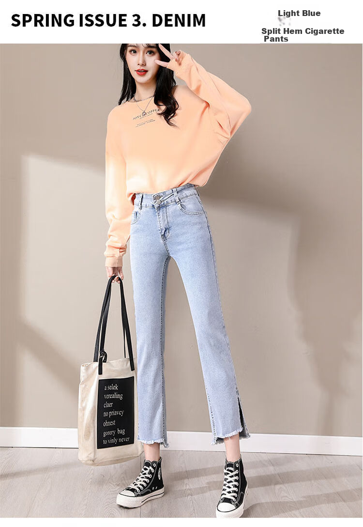 Pierre Cardin Women's High-Waist Stretch Light Blue Cropped Slim Fit Jeans with Slit, Summer, Size L 13