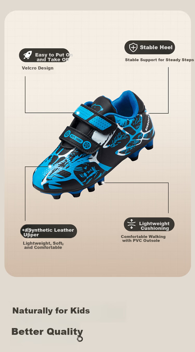 SNOOPY SNOOPY Kids Sports Shoes Children's Outdoor Training Shoes Boys and Girls Studded Soccer Shoes 7898 Black Blue Size 39 5