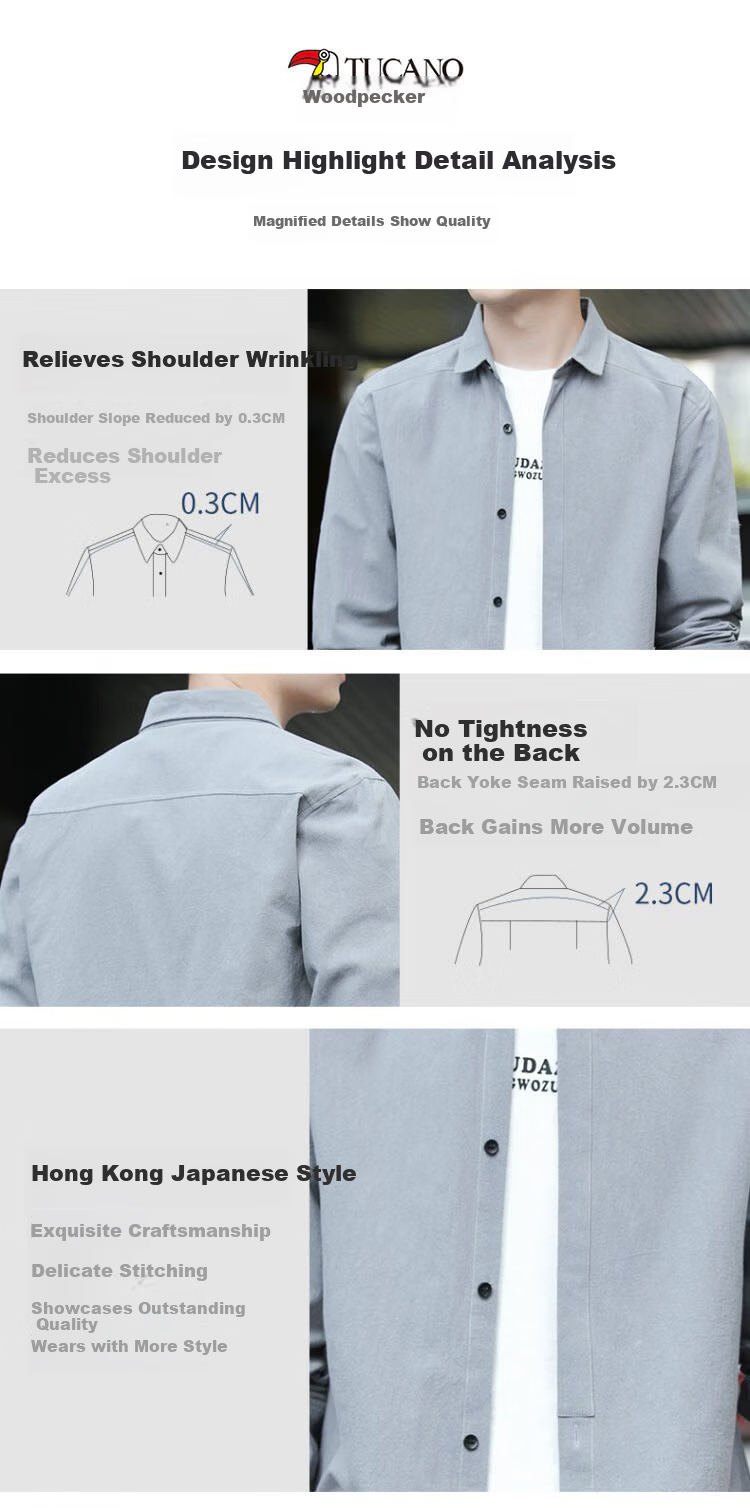 TUCANO Men's Casual Long Sleeve Shirt Loose Fit Spring Autumn Jacket Gray XL 3