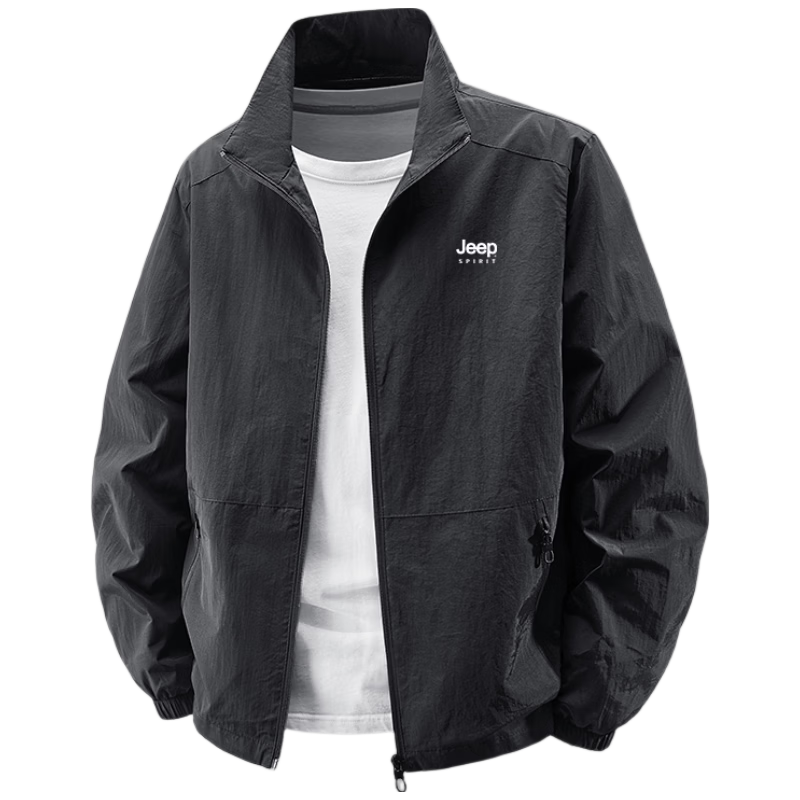 JEEP SPIRIT Men's Lightweight Breathable Sun Protection Jacket Summer Casual Outdoor Stand Collar Coat Khaki L