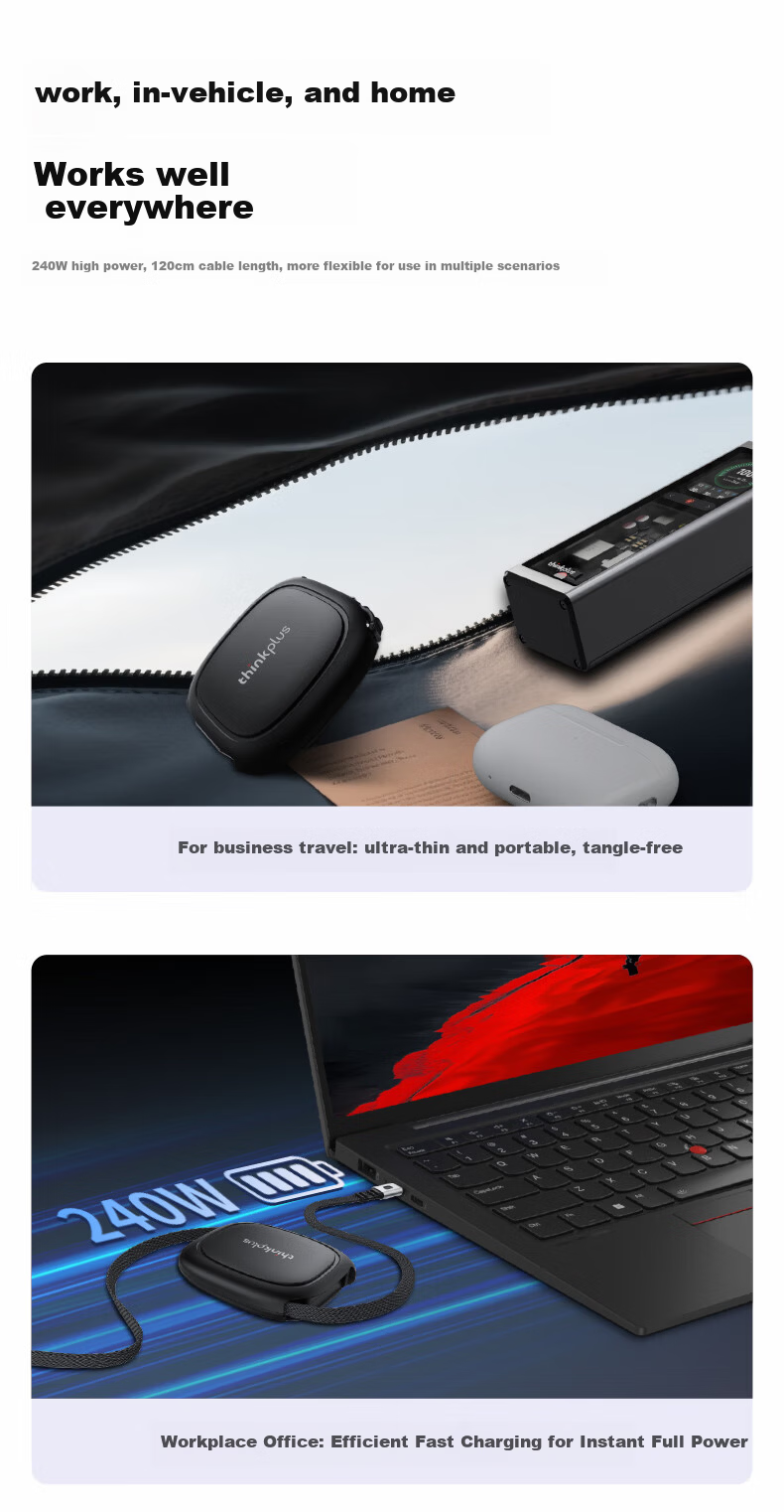 ThinkPlus Lenovo 240W Retractable Dual-Head Type-C PD Charging Cable for Car Fast Charge Compatible with Apple iPhone 17/16, iPad, MacBook, Huawei, Legion, Xiaoxin Laptops 9