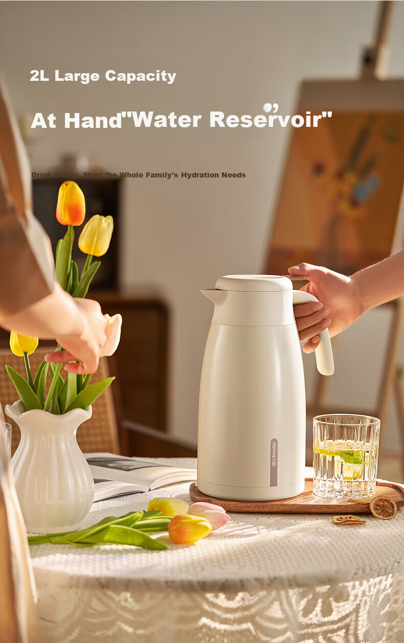 Joyoung Insulated Thermos Outdoor Large Capacity Water Bottle 304 Stainless Steel Vacuum Thermal Flask Hot Water Kettle Cream White 2L 6