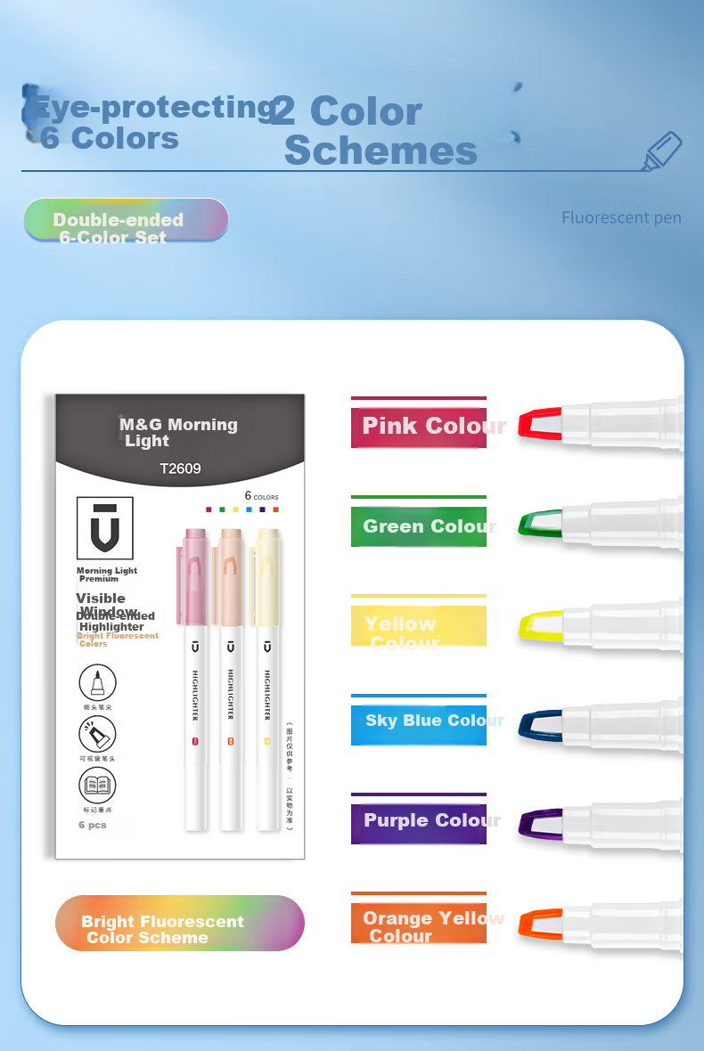 M&G Stationery Premium Double-Ended Highlighter Pen 6-Color Set, National Style, Student Marker Pen, Colorful Highlighting Pen, Stylish Ins Journal AHMT6219 2