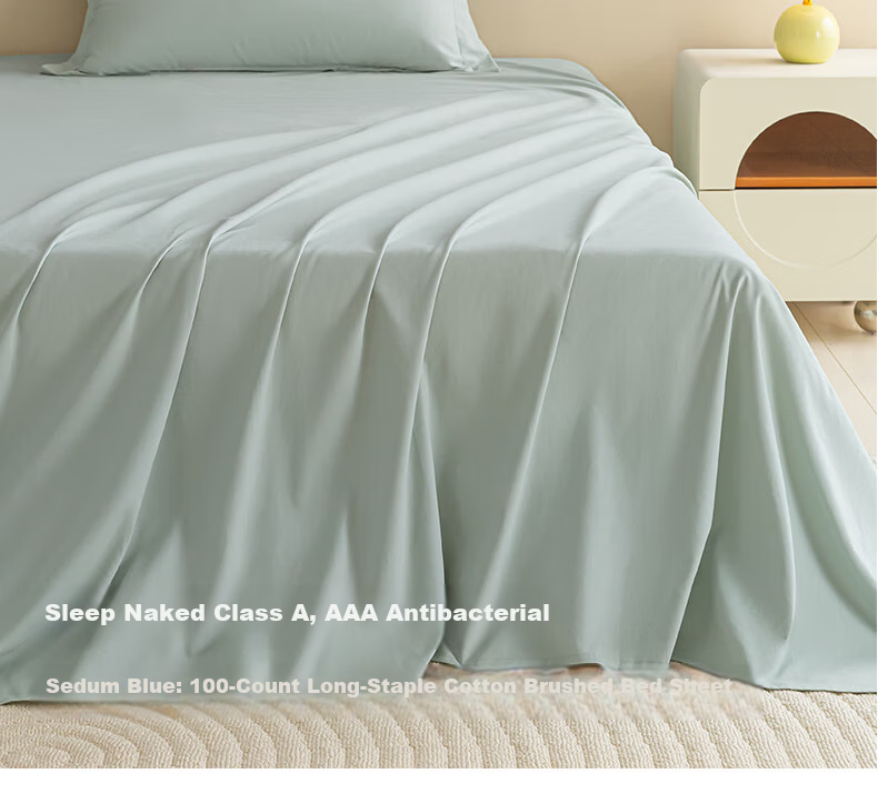 AMOR Antibacterial Class A 100-Count Brushed Cotton Bed Sheet Single Piece Naked Sleep Pure Cotton Winter Double Bed Sky Blue 245x250cm 5