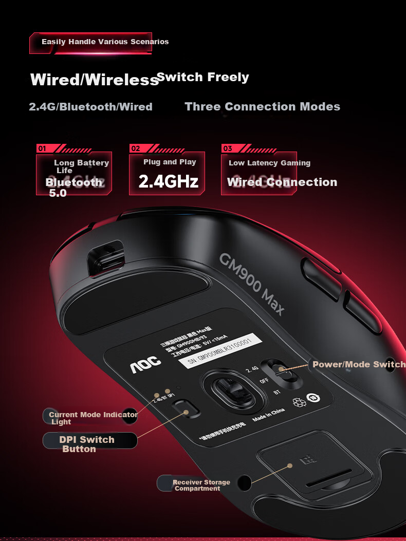 AOC GM900Pro Wireless Bluetooth Tri-Mode Mouse Lightweight PAW3395 Wireless 8K Report Rate Laptop Desktop Large Hand Black 5