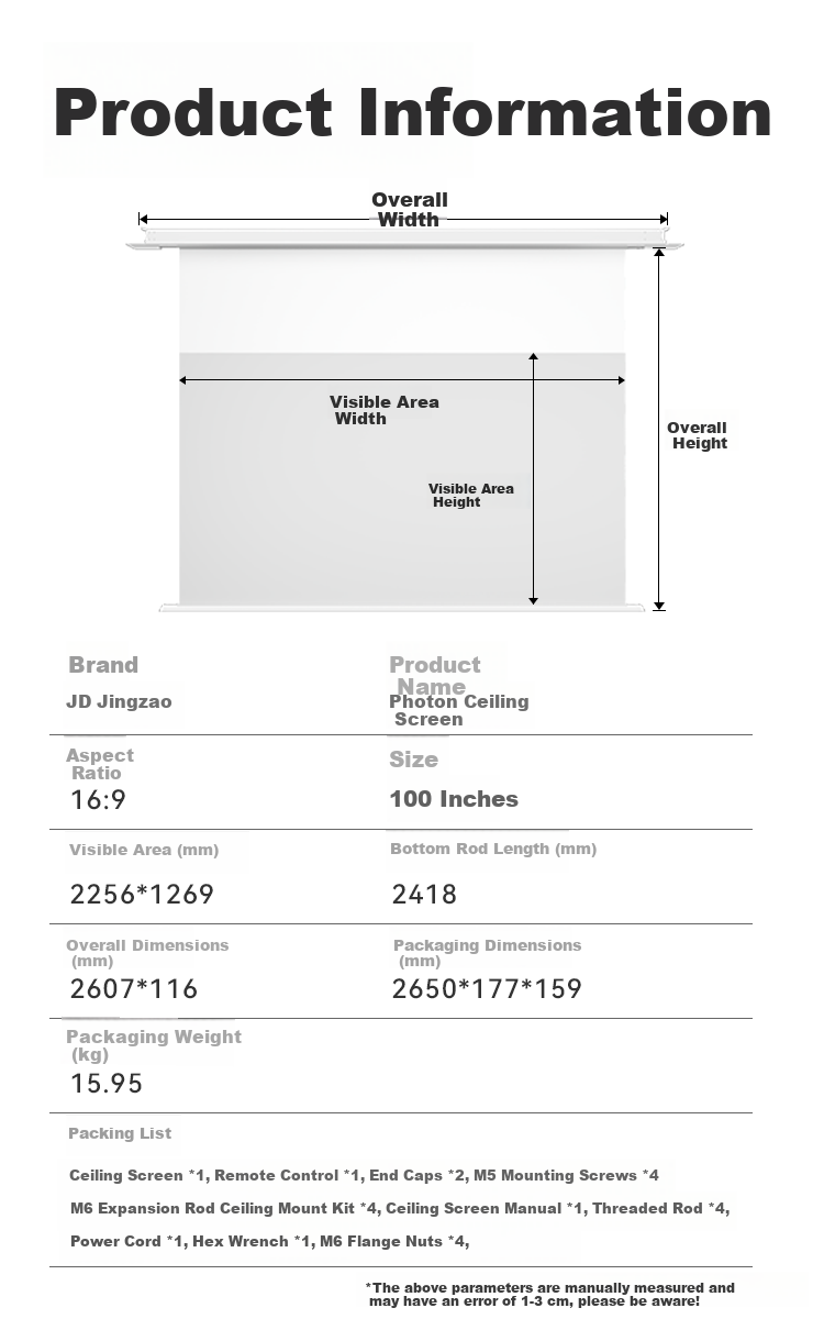 JD Jingzao 100-inch Ceiling Suspended White Light Dual-direction Electrically Powered PET Electric Adjustable Projection Screen Compatible with JmGO, XGIMI, Dangbei, Xiaomi Projectors Mid-Long Throw 11