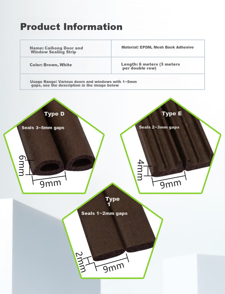 Caihong E-Type Self-Adhesive Door and Window Seal Strip White Sliding Window Soundproof Windproof Anti-Theft Door Frame Gap Tape 5
