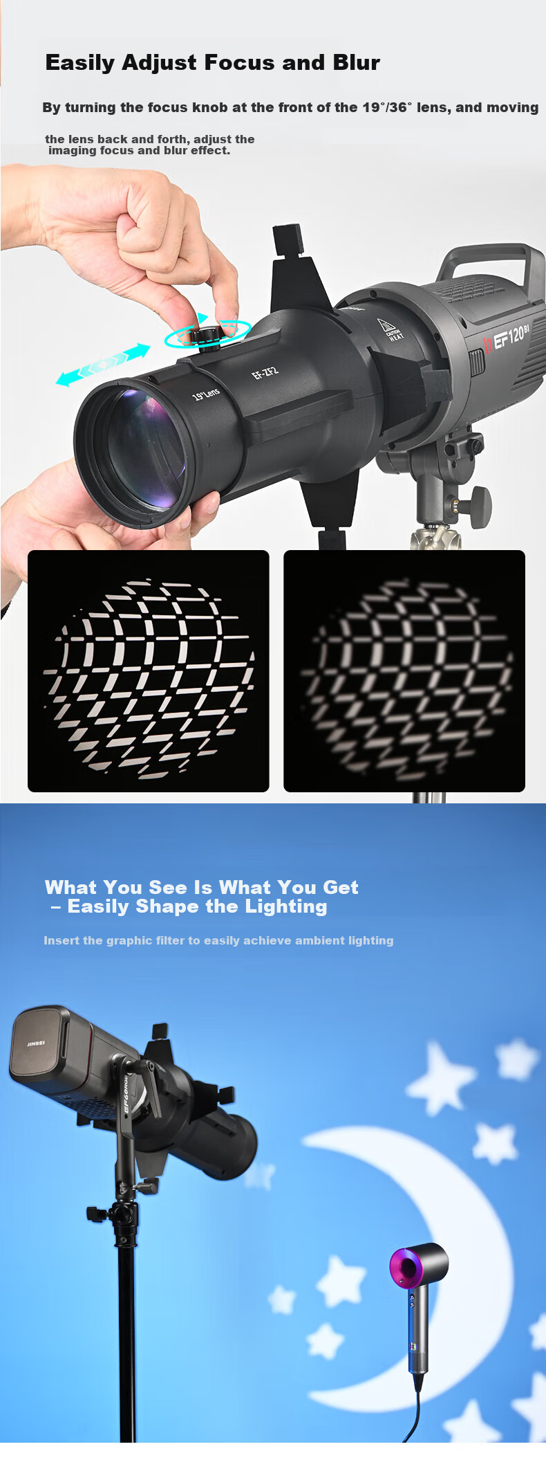 Jinbei EF-ZF2 (36° Lens) Focusing Spotlight Professional Imaging Lens LED Constant Light Optical Effect Spotlight Photography DIY Artistic Shaping Light Effect Background Photography 9