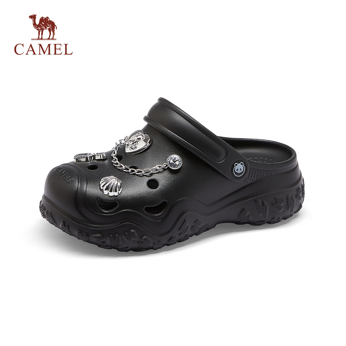 CAMEL Women's Panda Collaboration Hollow-out Elevated Thick-soled Breathable Beach Sandals L26M162034 Black Size 35