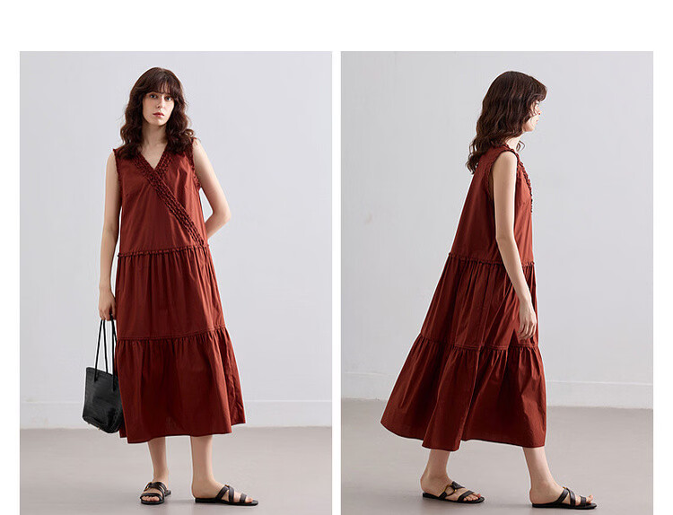 Demana [100% Cotton Poplin] Summer French Style Cross V-Neck Sleeveless Ruffle Slim A-Line Mid-Length Dress for Women 10