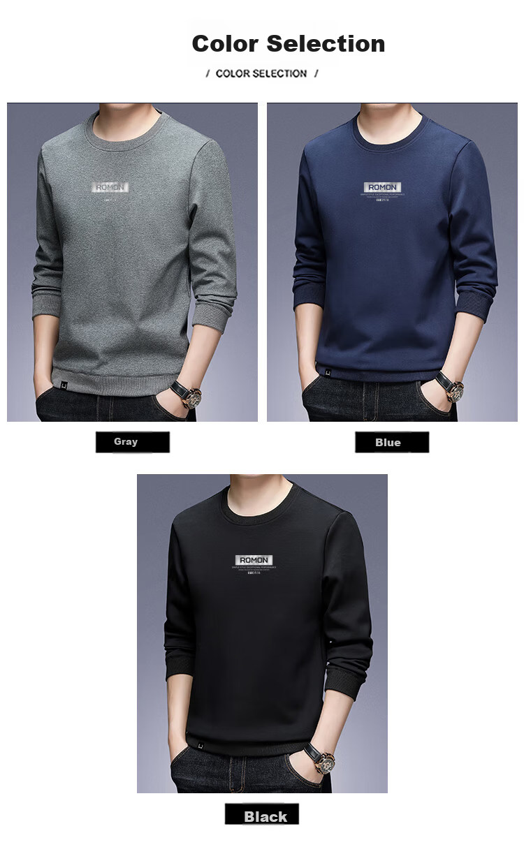 ROMON Men's Sweatshirt, Spring Trendy Long-Sleeve T-Shirt, Business Casual Loose Round Neck Top, Base Layer, L52 Blue 4XL 4
