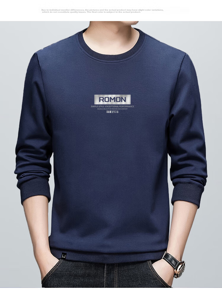 ROMON Men's Sweatshirt, Spring Trendy Long-Sleeve T-Shirt, Business Casual Loose Round Neck Top, Base Layer, L52 Blue 4XL 8