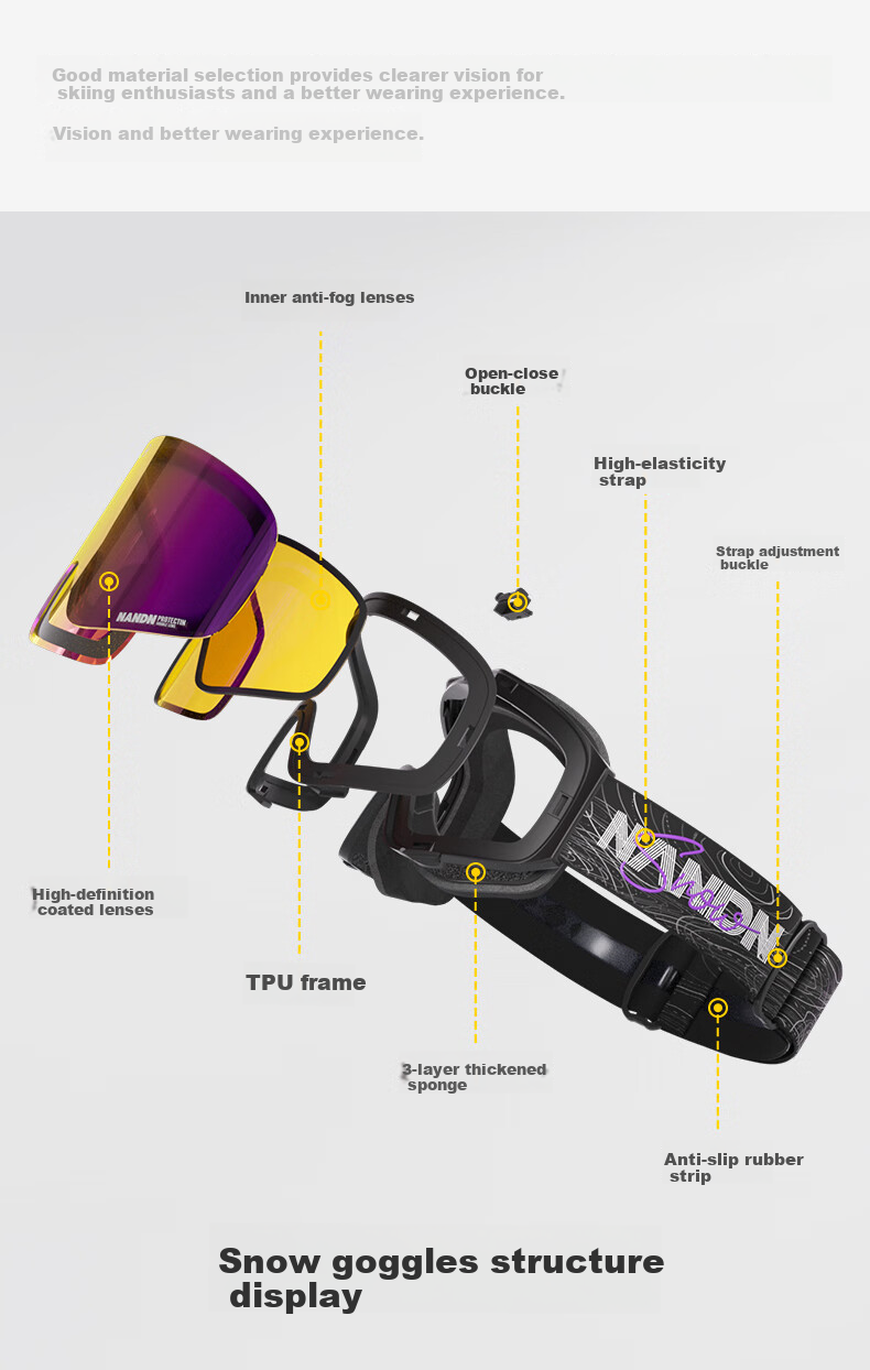 Nan En Ski Goggles Protective Eyewear Women Snowboard Glasses Breathable HD Anti-Fog Flip-Up Men Black Frame Purple 8
