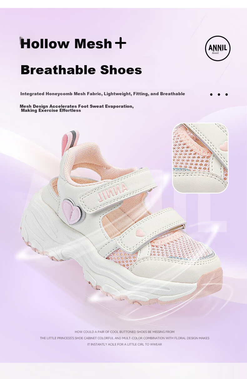 ANNIL Girls Summer Sandals Magic Tape Closed Toe Beach Shoes Children's Mesh Shoes 5303 White Size 32 6