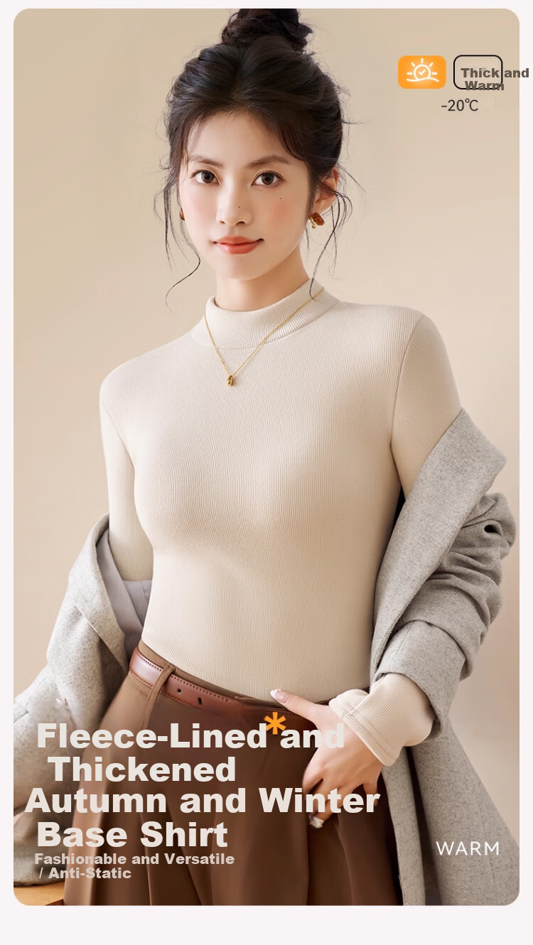 Caiyue Fleece-Lined Thickened Base Shirt Women's Lamb Wool Half Turtleneck Thermal Top Winter Cold-Resistant Mid-Neck Windproof Underwear 1